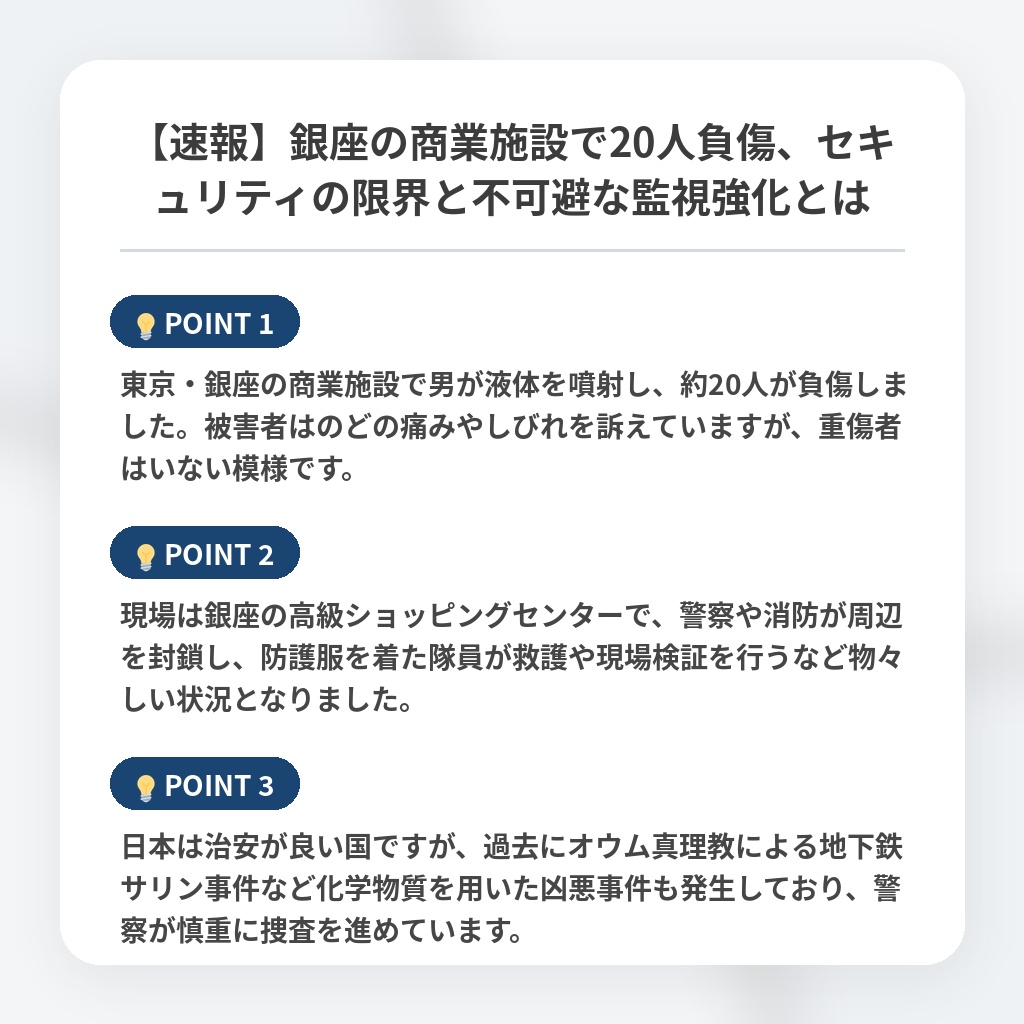 【速報】銀座の商業施設で20人負傷、セキュリティの限界と不可避な監視強化とはの注目ポイントまとめ