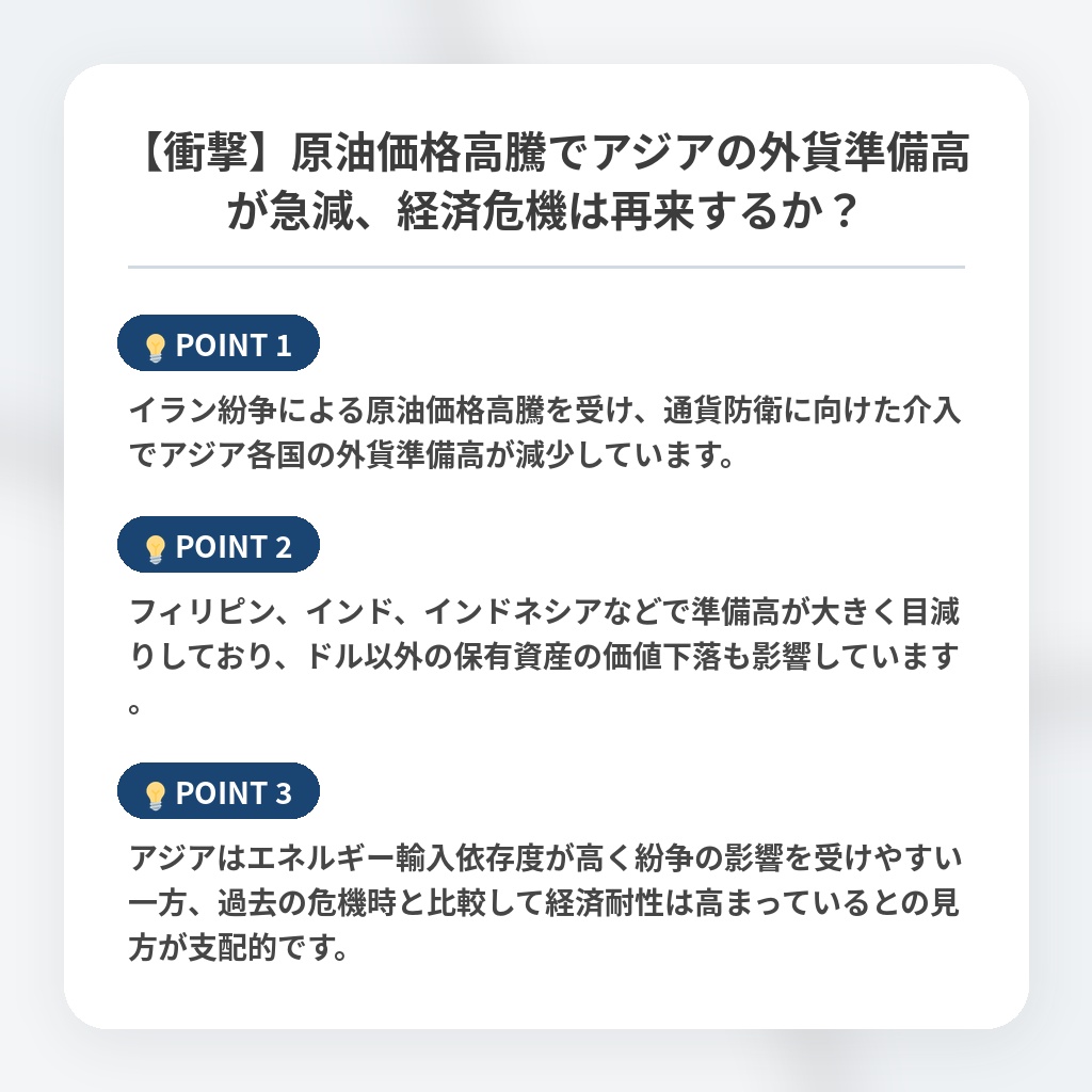 【衝撃】原油価格高騰でアジアの外貨準備高が急減、経済危機は再来するか？の注目ポイントまとめ