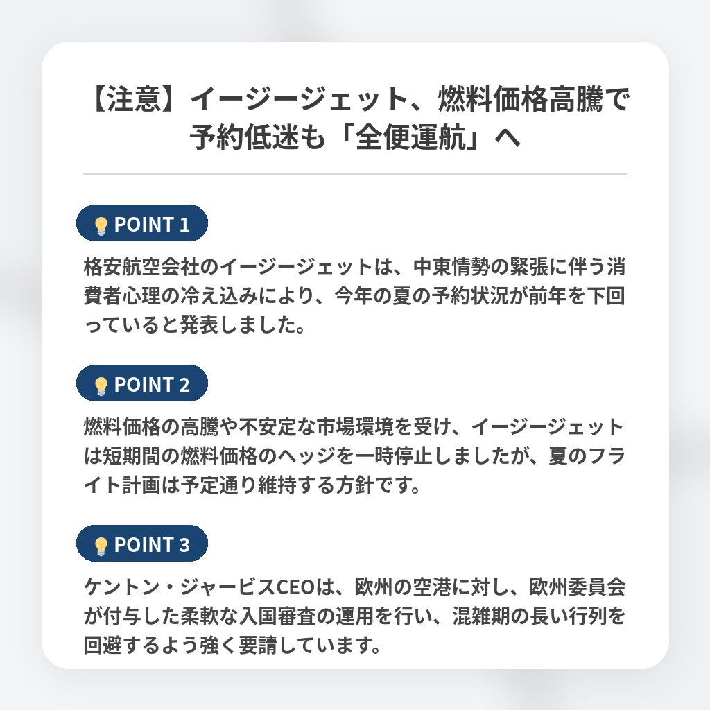 【注意】イージージェット、燃料価格高騰で予約低迷も「全便運航」への注目ポイントまとめ