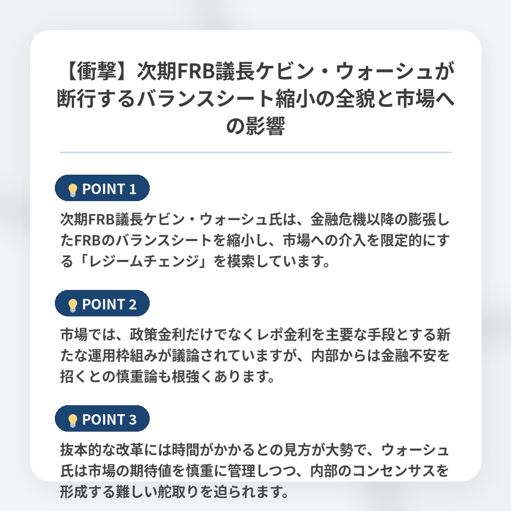 【衝撃】次期FRB議長ケビン・ウォーシュが断行するバランスシート縮小の全貌と市場への影響の注目ポイントまとめ