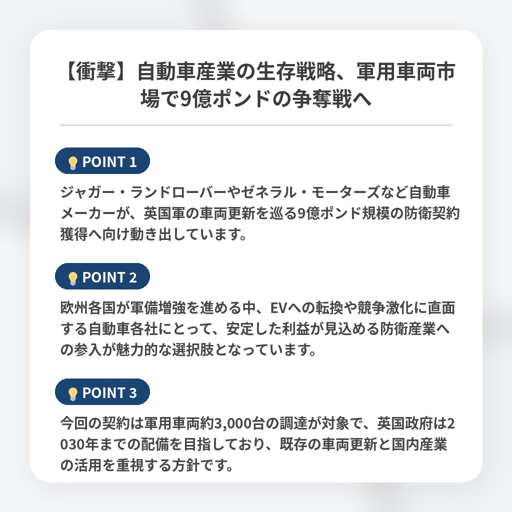 【衝撃】自動車産業の生存戦略、軍用車両市場で9億ポンドの争奪戦への注目ポイントまとめ