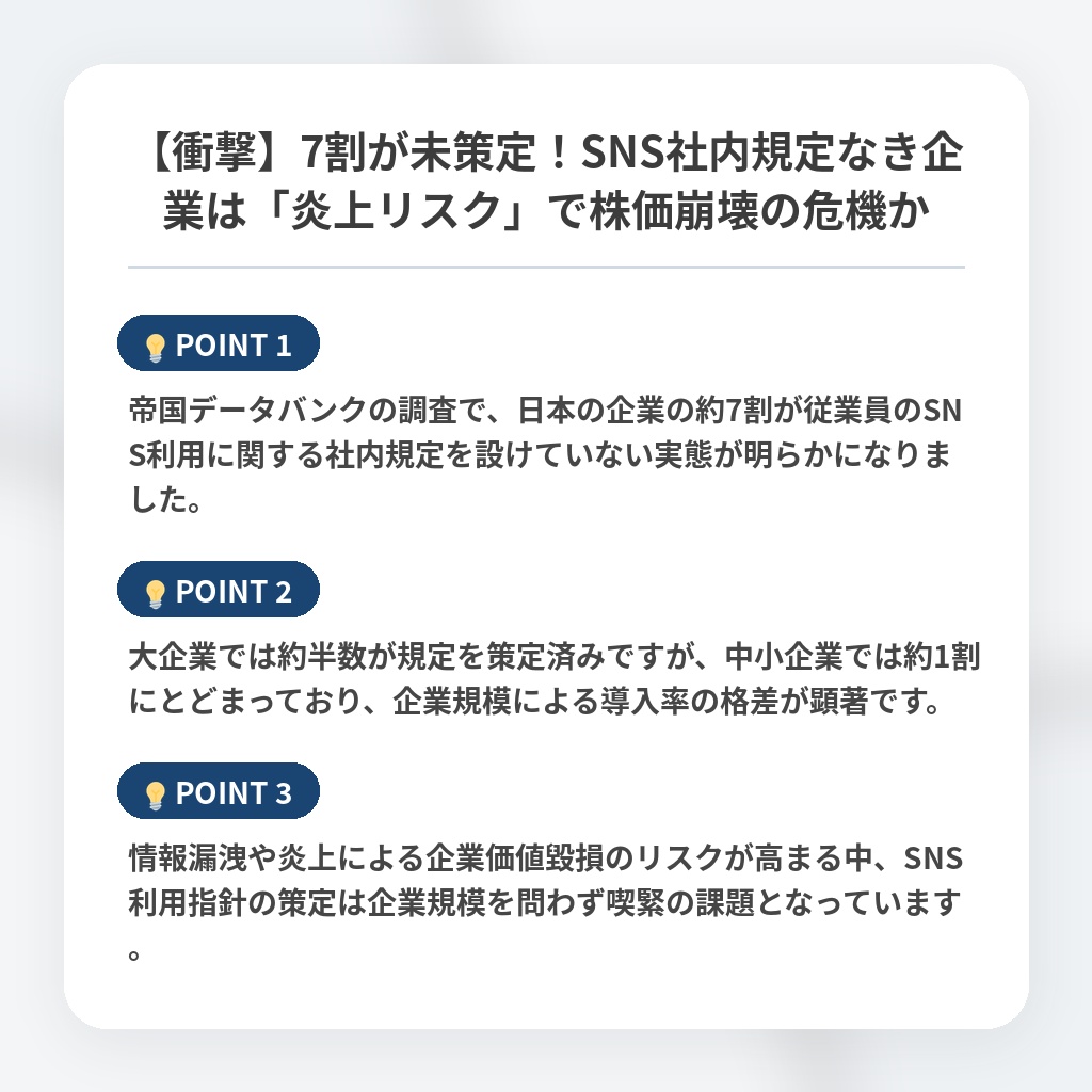 【衝撃】7割が未策定！SNS社内規定なき企業は「炎上リスク」で株価崩壊の危機かの注目ポイントまとめ
