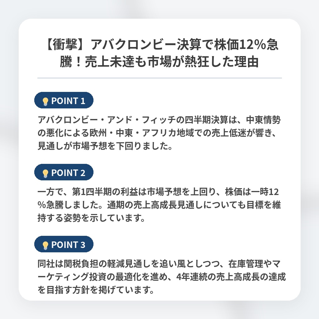【衝撃】アバクロンビー決算で株価12％急騰！売上未達も市場が熱狂した理由の注目ポイントまとめ