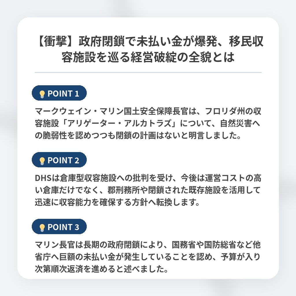 【衝撃】政府閉鎖で未払い金が爆発、移民収容施設を巡る経営破綻の全貌とはの注目ポイントまとめ