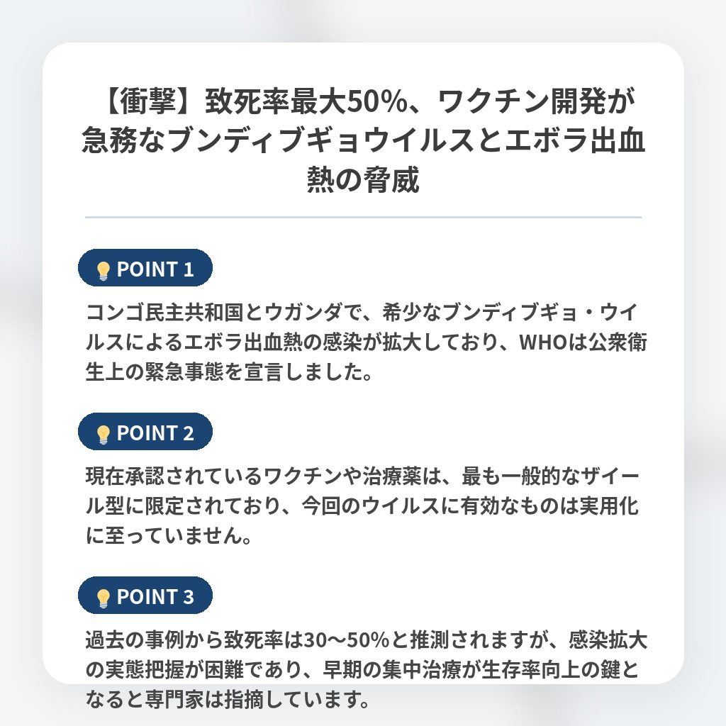 【衝撃】致死率最大50％、ワクチン開発が急務なブンディブギョウイルスとエボラ出血熱の脅威の注目ポイントまとめ