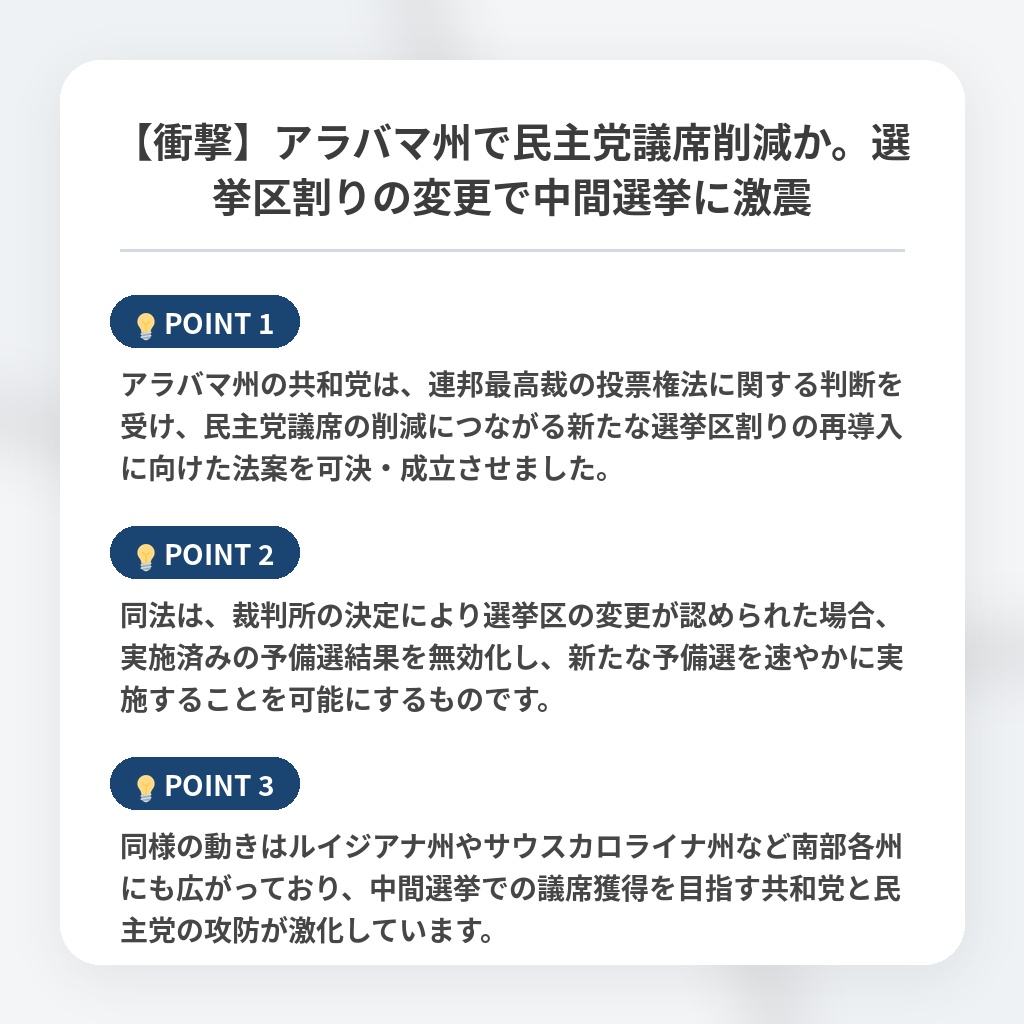 【衝撃】アラバマ州で民主党議席削減か。選挙区割りの変更で中間選挙に激震の注目ポイントまとめ