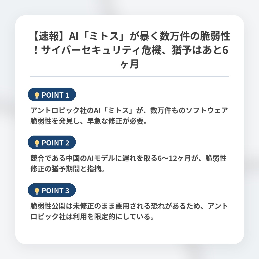 【速報】AI「ミトス」が暴く数万件の脆弱性！サイバーセキュリティ危機、猶予はあと6ヶ月の注目ポイントまとめ