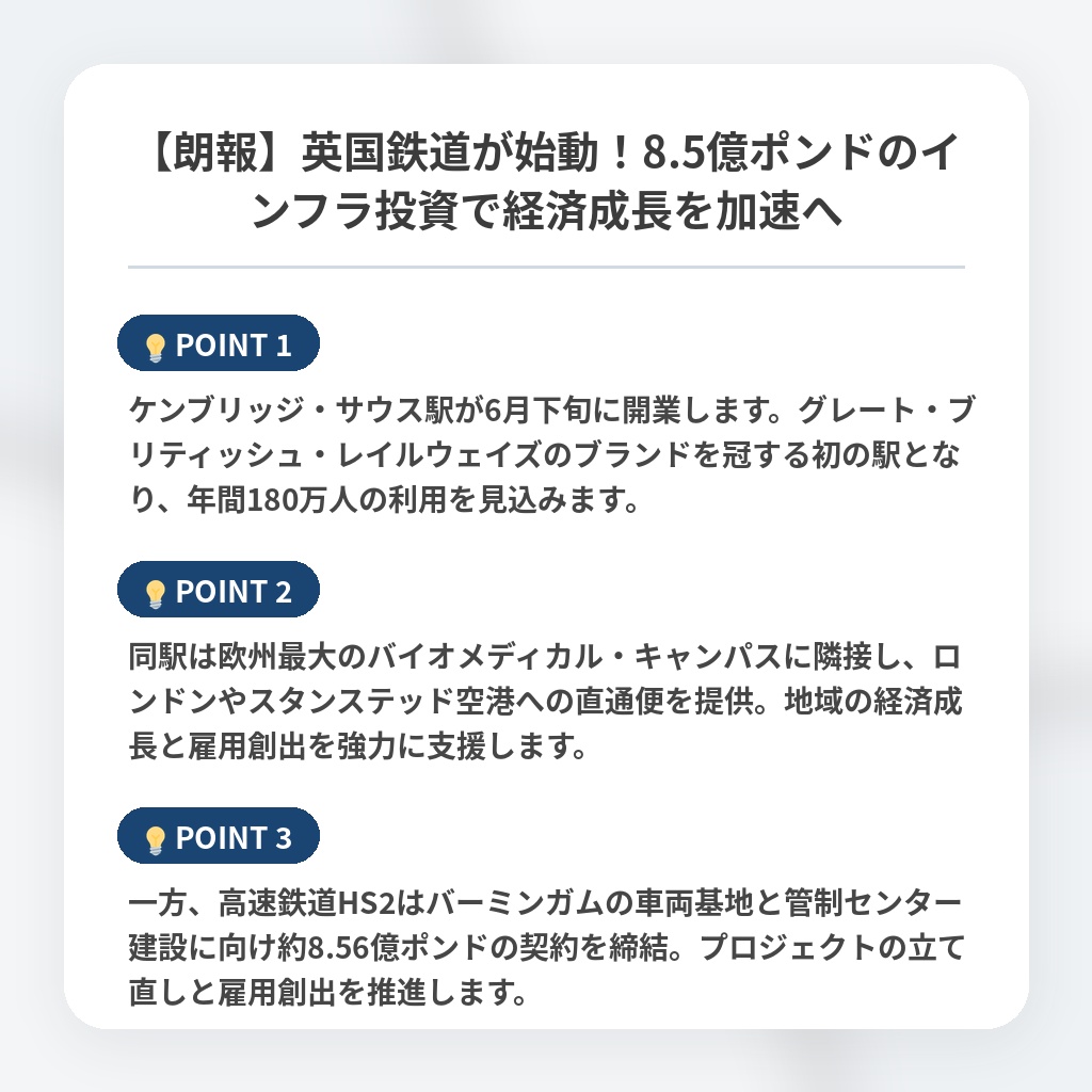 【朗報】英国鉄道が始動！8.5億ポンドのインフラ投資で経済成長を加速への注目ポイントまとめ