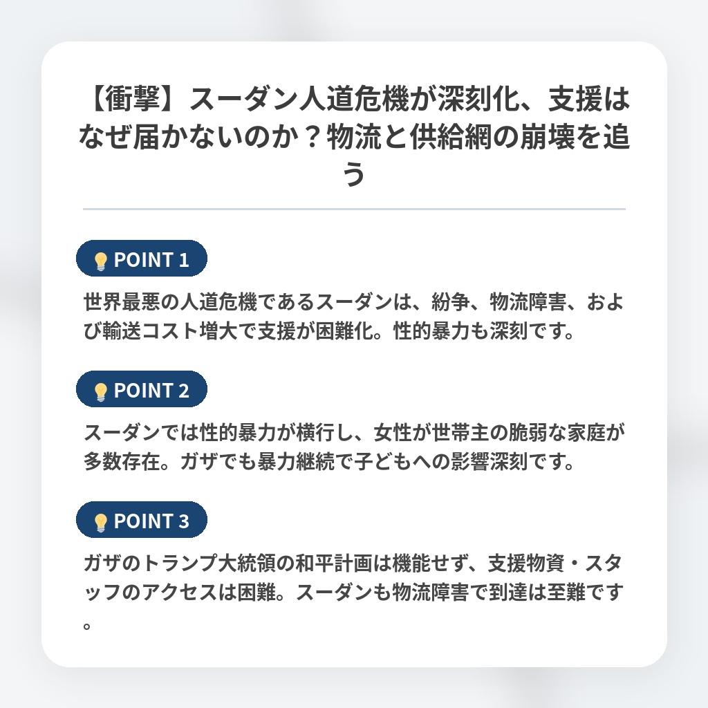 【衝撃】スーダン人道危機が深刻化、支援はなぜ届かないのか？物流と供給網の崩壊を追うの注目ポイントまとめ