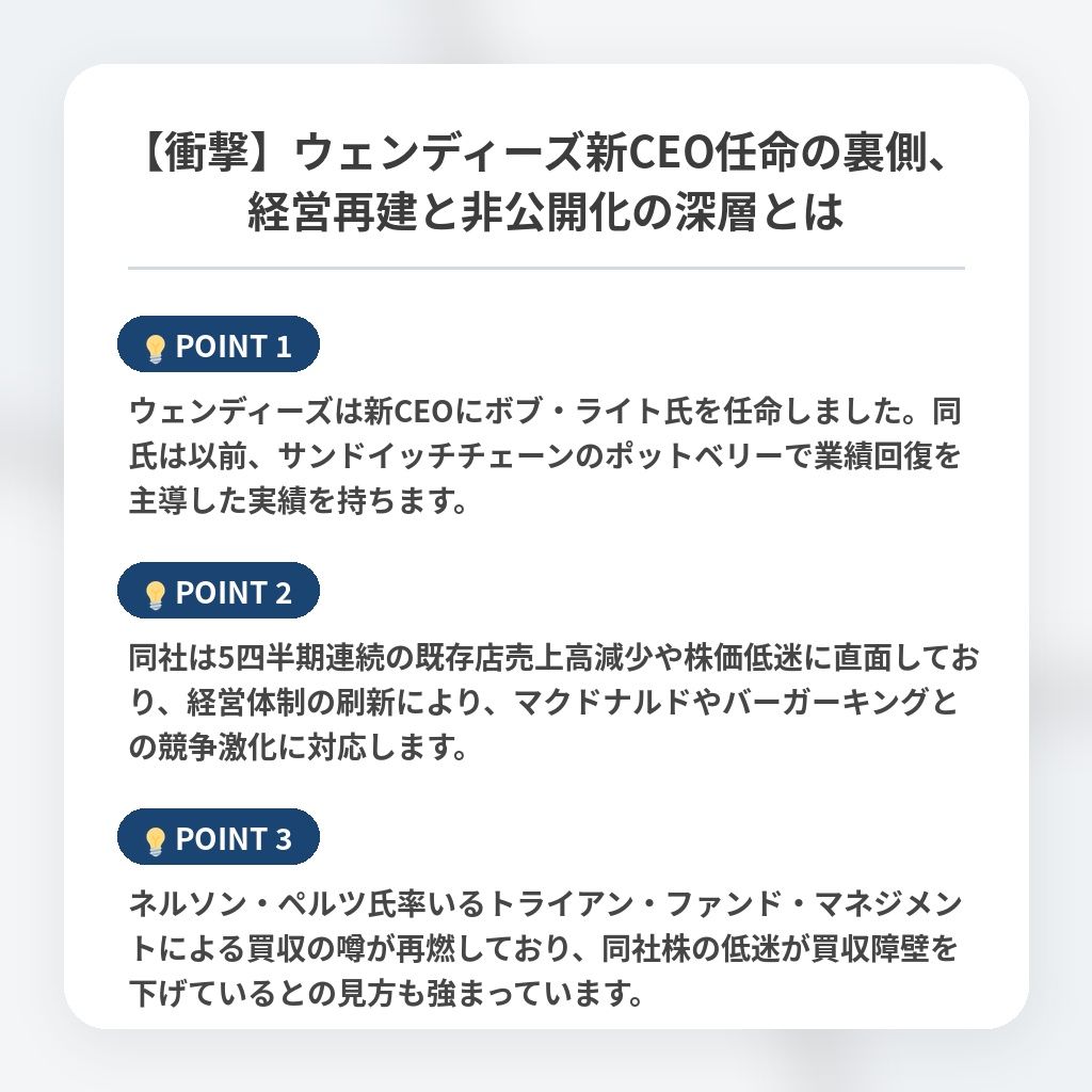 【衝撃】ウェンディーズ新CEO任命の裏側、経営再建と非公開化の深層とはの注目ポイントまとめ