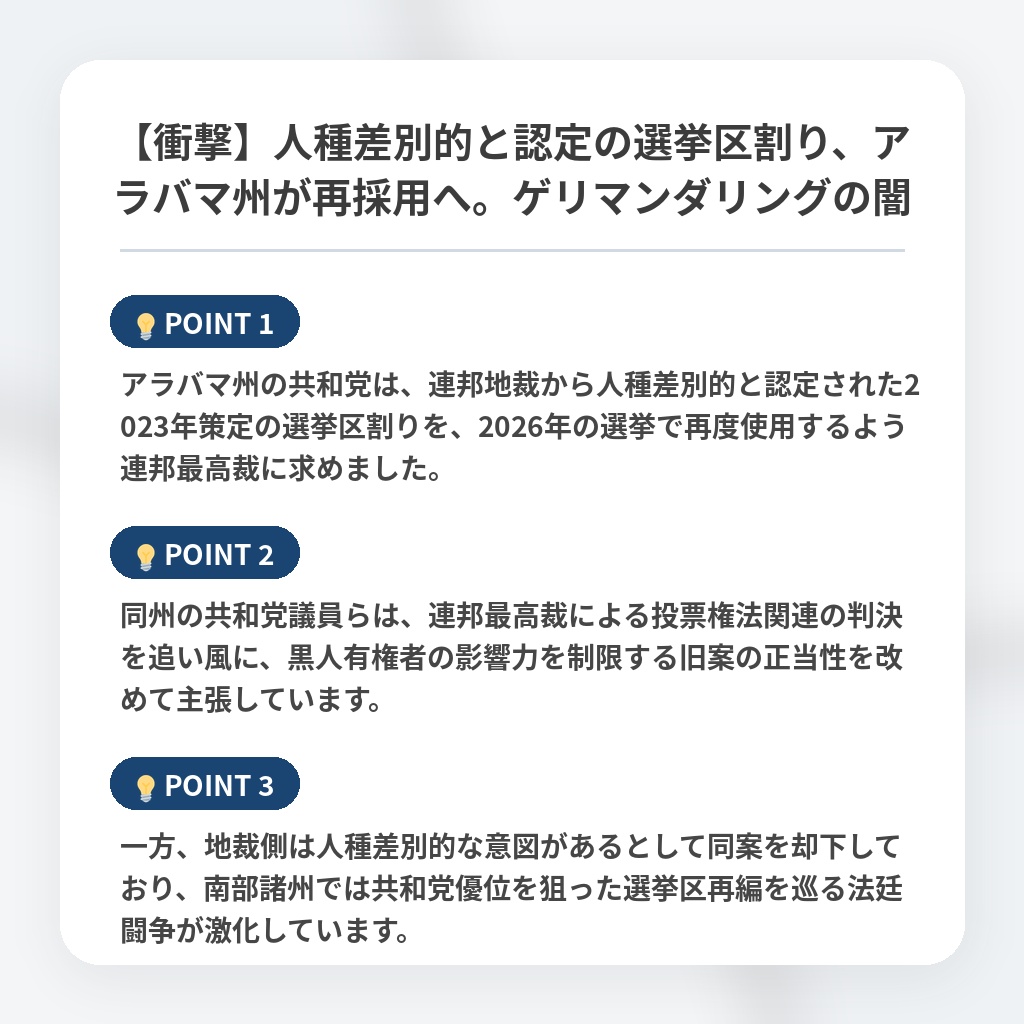 【衝撃】人種差別的と認定の選挙区割り、アラバマ州が再採用へ。ゲリマンダリングの闇の注目ポイントまとめ