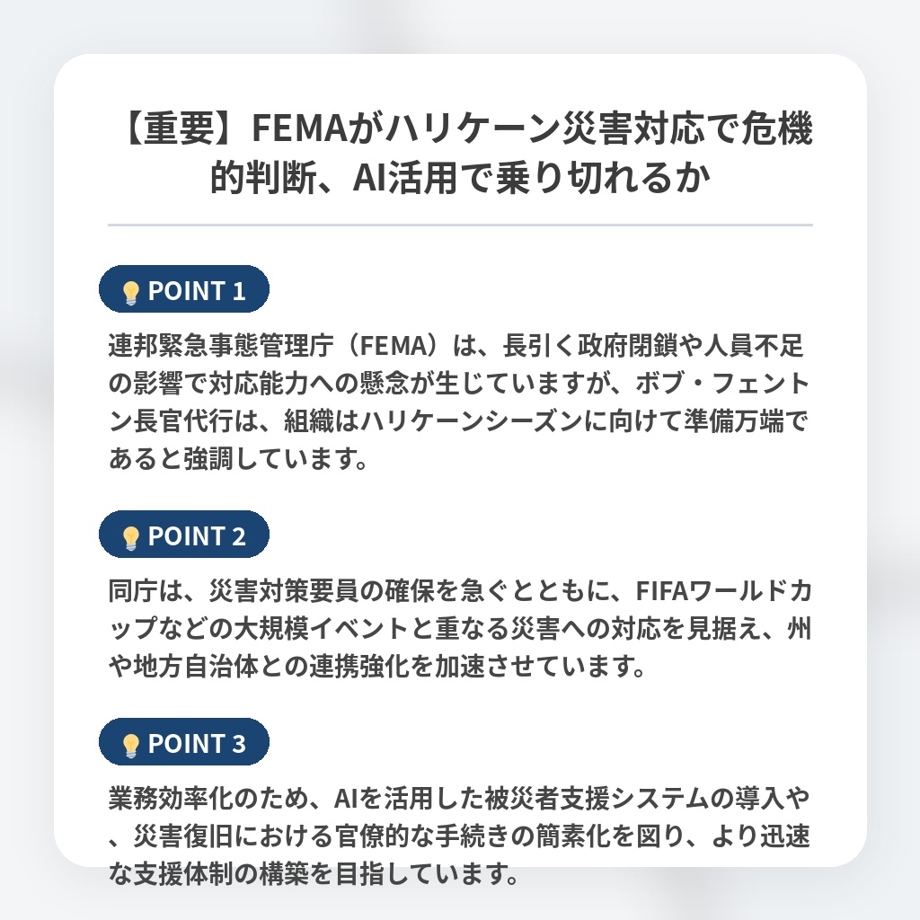 【重要】FEMAがハリケーン災害対応で危機的判断、AI活用で乗り切れるかの注目ポイントまとめ