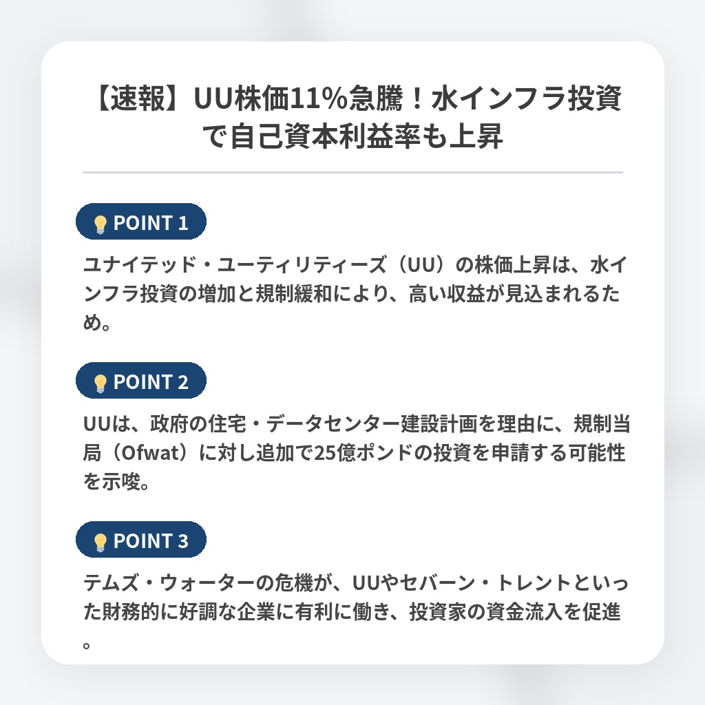 【速報】UU株価11%急騰！水インフラ投資で自己資本利益率も上昇の注目ポイントまとめ