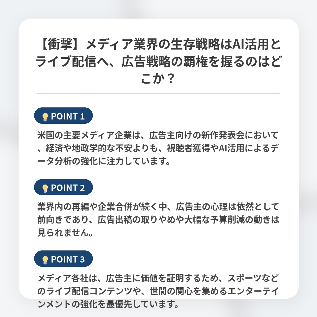 【衝撃】メディア業界の生存戦略はAI活用とライブ配信へ、広告戦略の覇権を握るのはどこか？の注目ポイントまとめ