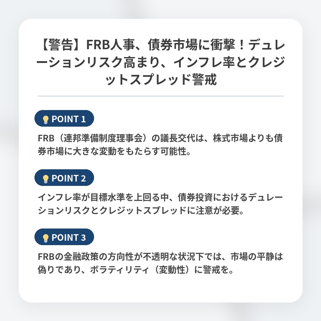 【警告】FRB人事、債券市場に衝撃！デュレーションリスク高まり、インフレ率とクレジットスプレッド警戒の注目ポイントまとめ