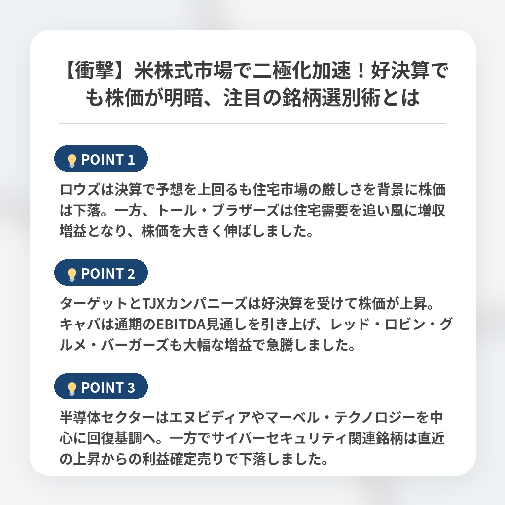 【衝撃】米株式市場で二極化加速！好決算でも株価が明暗、注目の銘柄選別術とはの注目ポイントまとめ