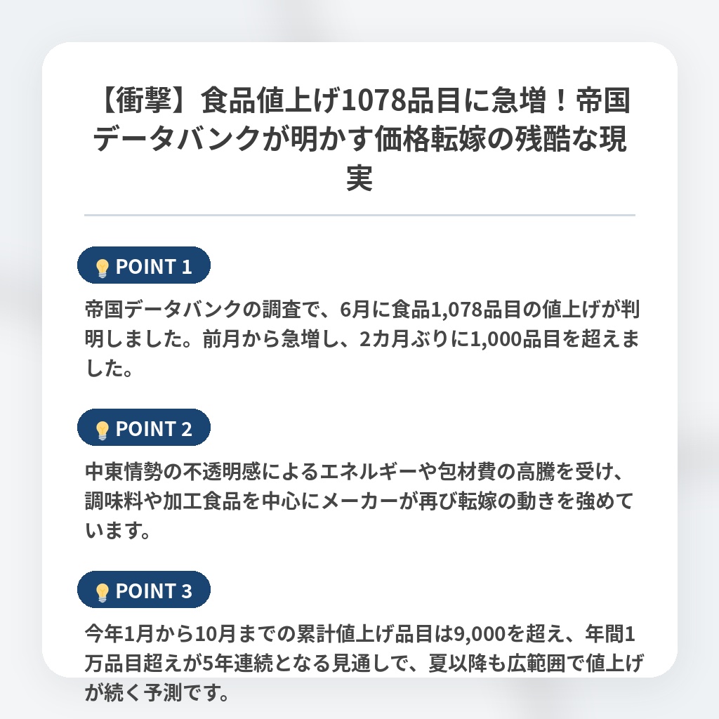 【衝撃】食品値上げ1078品目に急増!帝国データバンクが明かす価格転嫁の残酷な現実の注目ポイントまとめ