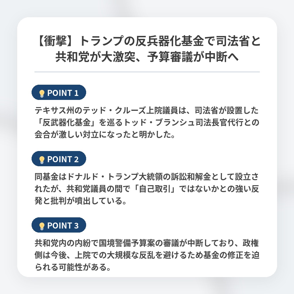 【衝撃】トランプの反兵器化基金で司法省と共和党が大激突、予算審議が中断への注目ポイントまとめ