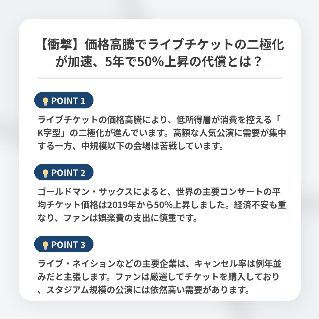 【衝撃】価格高騰でライブチケットの二極化が加速、5年で50％上昇の代償とは？の注目ポイントまとめ