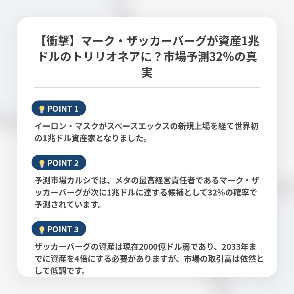 【衝撃】マーク・ザッカーバーグが資産1兆ドルのトリリオネアに？市場予測32％の真実の注目ポイントまとめ
