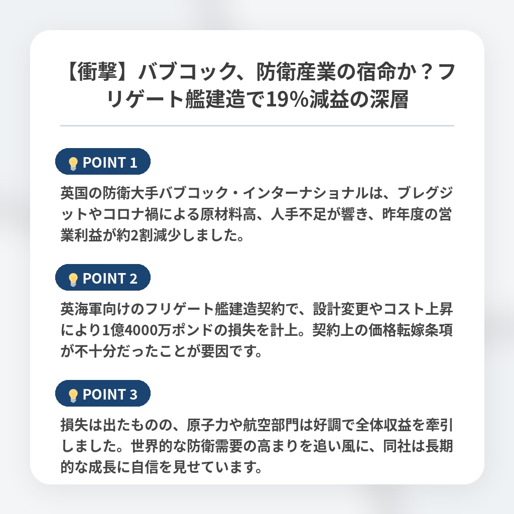 【衝撃】バブコック、防衛産業の宿命か?フリゲート艦建造で19%減益の深層の注目ポイントまとめ