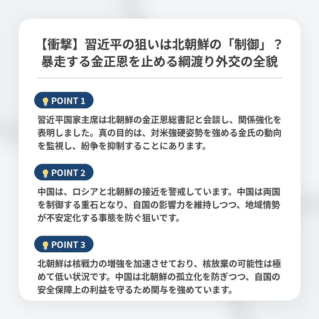 【衝撃】習近平の狙いは北朝鮮の「制御」？暴走する金正恩を止める綱渡り外交の全貌の注目ポイントまとめ
