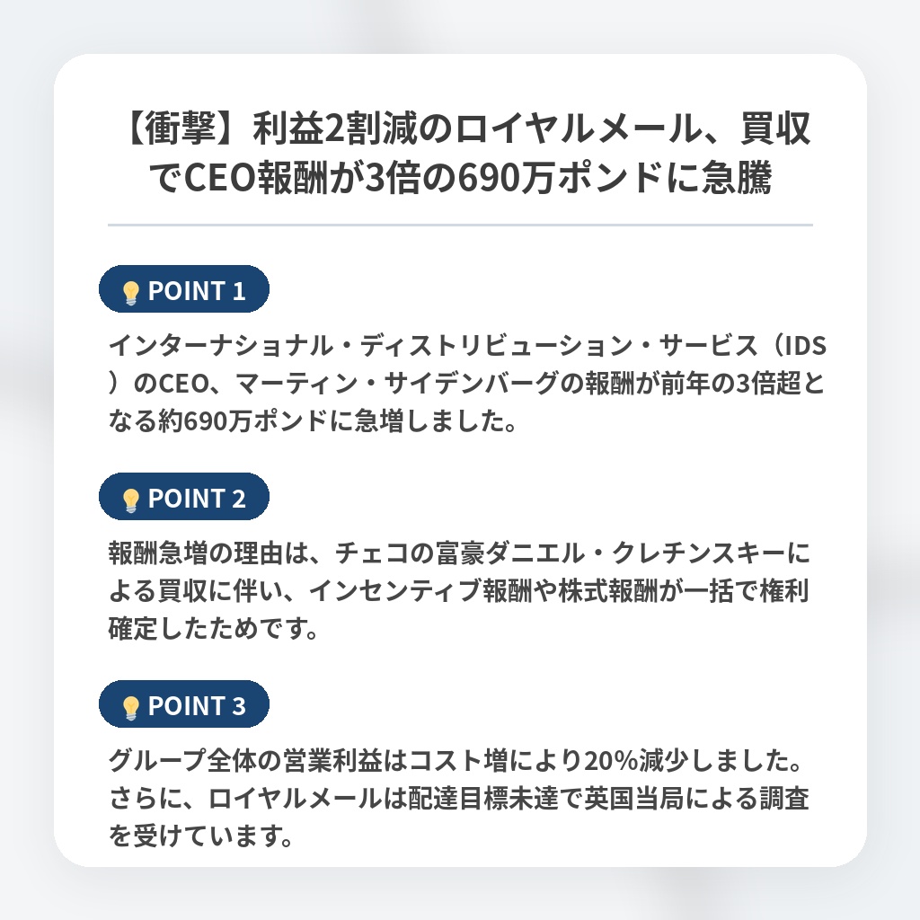 【衝撃】利益2割減のロイヤルメール、買収でCEO報酬が3倍の690万ポンドに急騰の注目ポイントまとめ