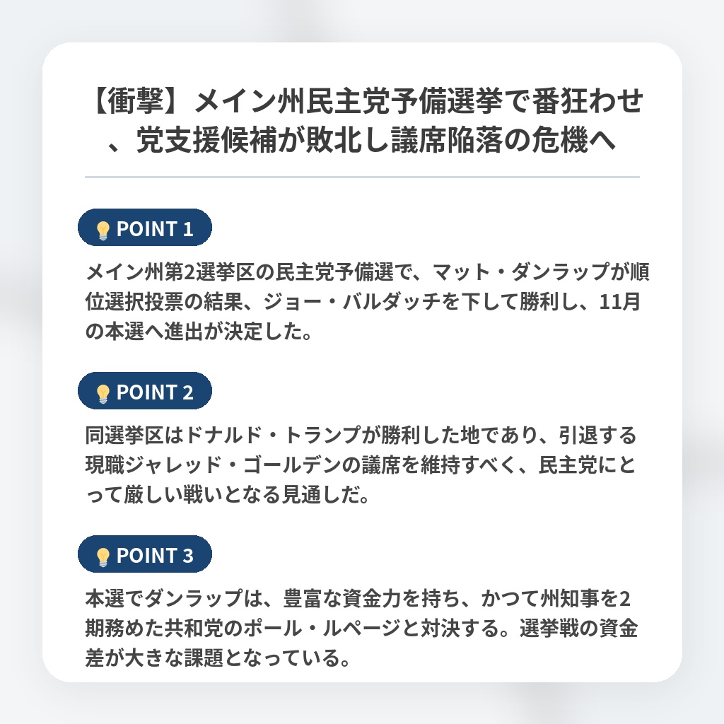 【衝撃】メイン州民主党予備選挙で番狂わせ、党支援候補が敗北し議席陥落の危機への注目ポイントまとめ