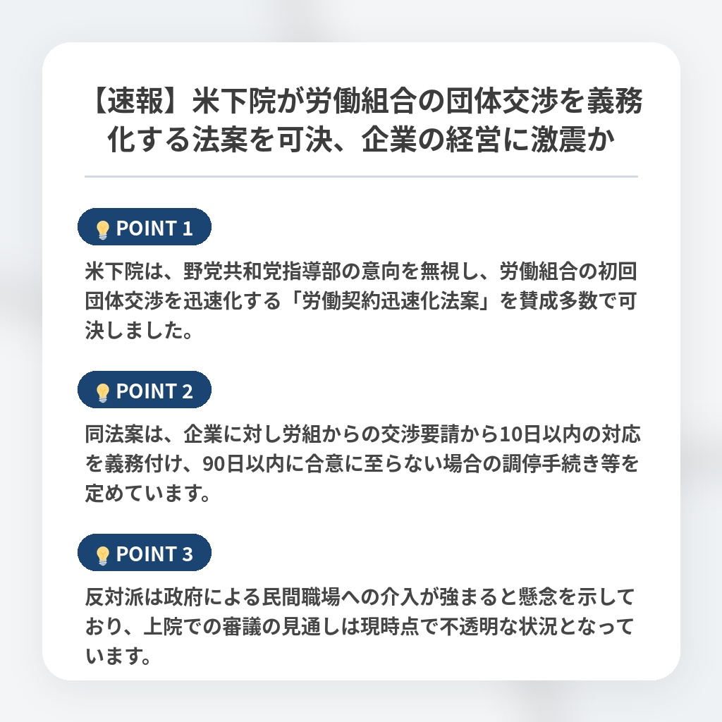 【速報】米下院が労働組合の団体交渉を義務化する法案を可決、企業の経営に激震かの注目ポイントまとめ