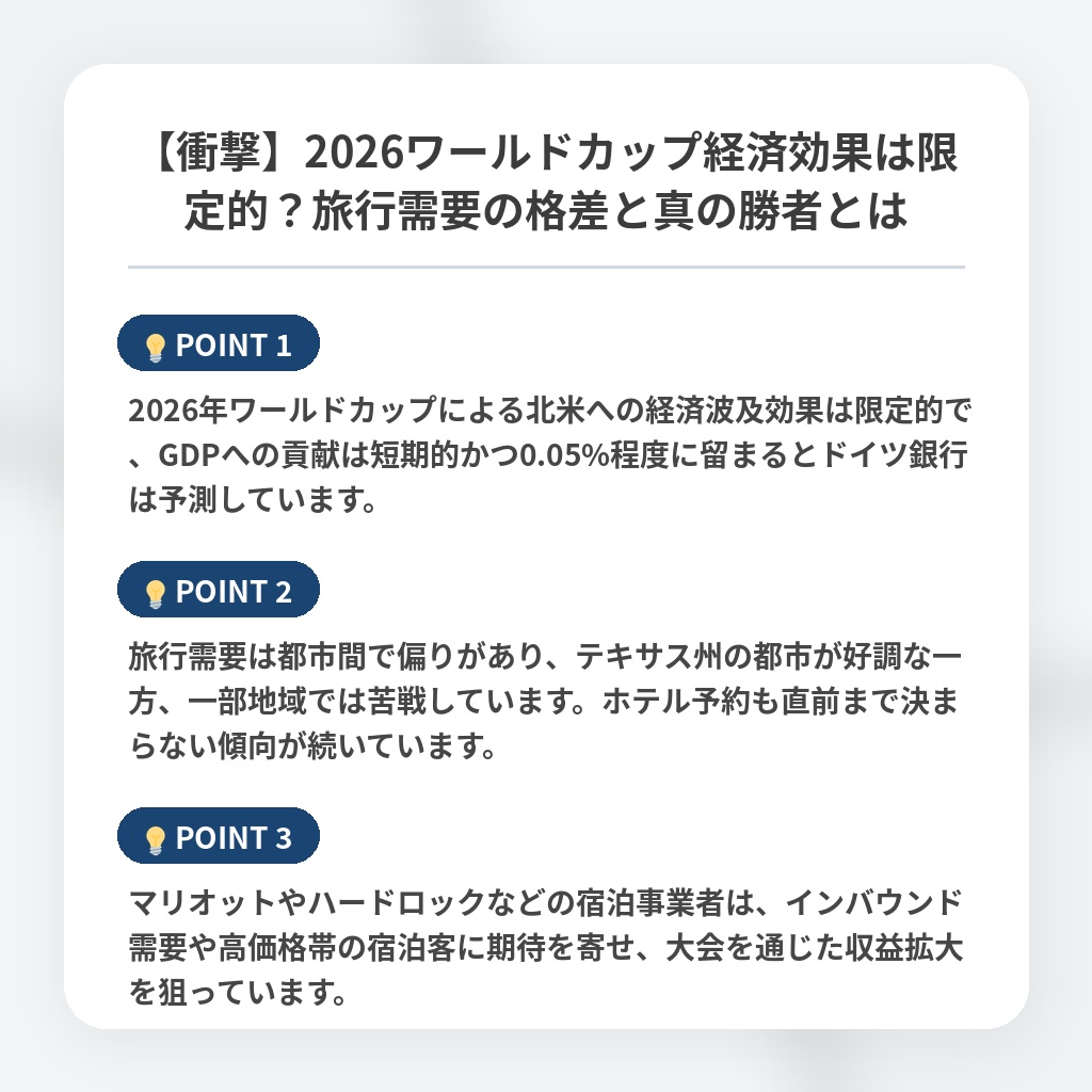 【衝撃】2026ワールドカップ経済効果は限定的？旅行需要の格差と真の勝者とはの注目ポイントまとめ