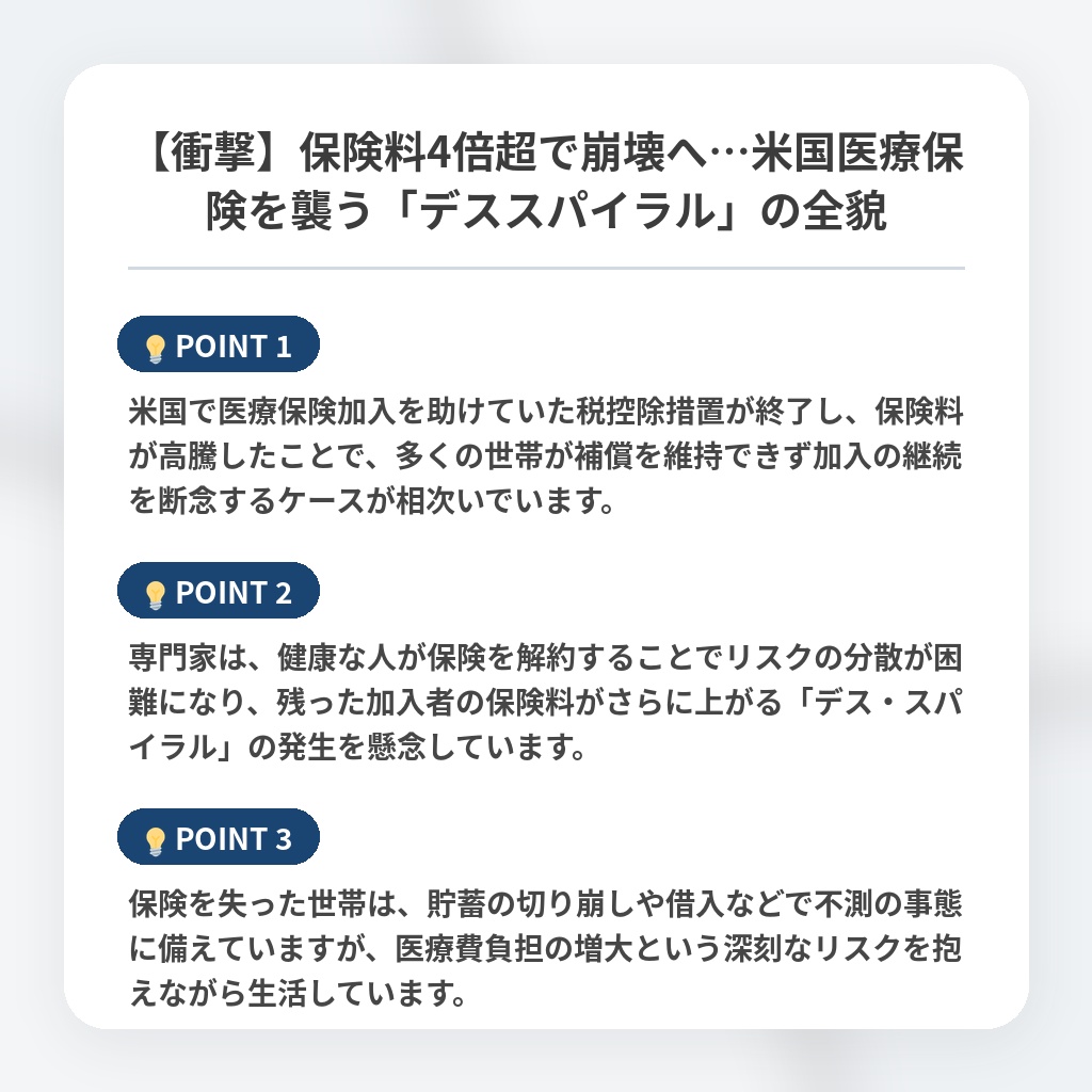 【衝撃】保険料4倍超で崩壊へ…米国医療保険を襲う「デススパイラル」の全貌の注目ポイントまとめ