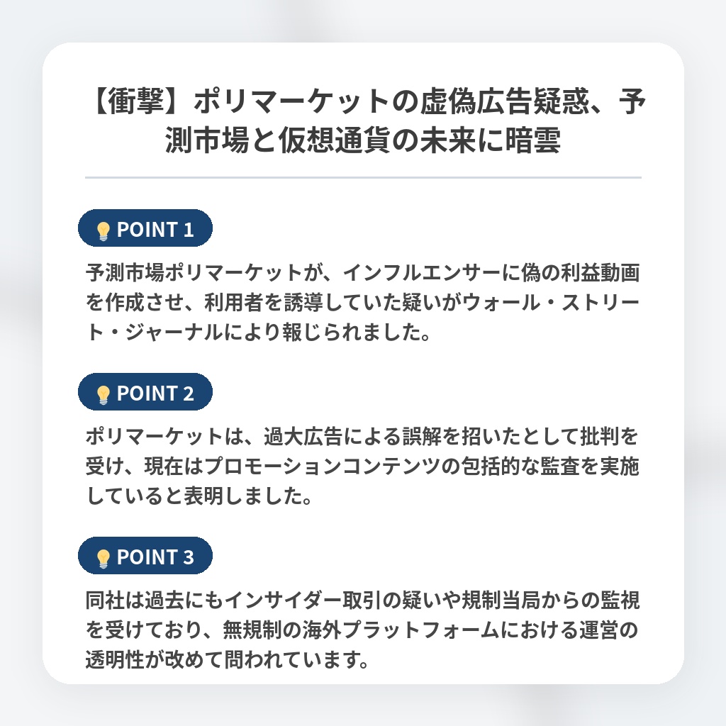 【衝撃】ポリマーケットの虚偽広告疑惑、予測市場と仮想通貨の未来に暗雲の注目ポイントまとめ