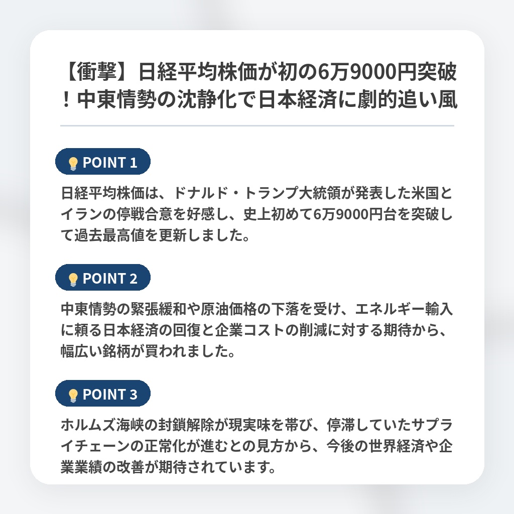 【衝撃】日経平均株価が初の6万9000円突破！中東情勢の沈静化で日本経済に劇的追い風の注目ポイントまとめ