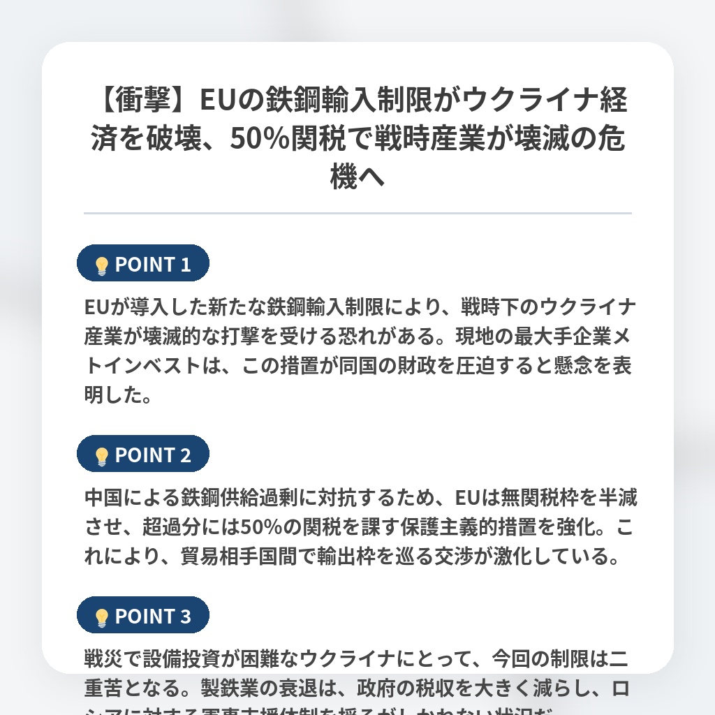 【衝撃】EUの鉄鋼輸入制限がウクライナ経済を破壊、50％関税で戦時産業が壊滅の危機への注目ポイントまとめ