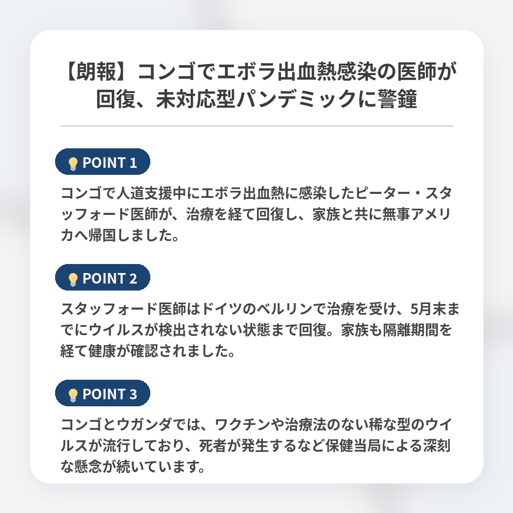 【朗報】コンゴでエボラ出血熱感染の医師が回復、未対応型パンデミックに警鐘の注目ポイントまとめ
