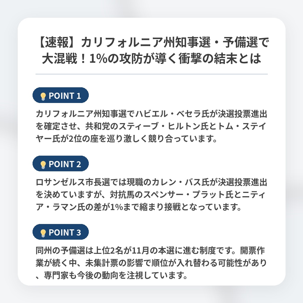 【速報】カリフォルニア州知事選・予備選で大混戦！1%の攻防が導く衝撃の結末とはの注目ポイントまとめ