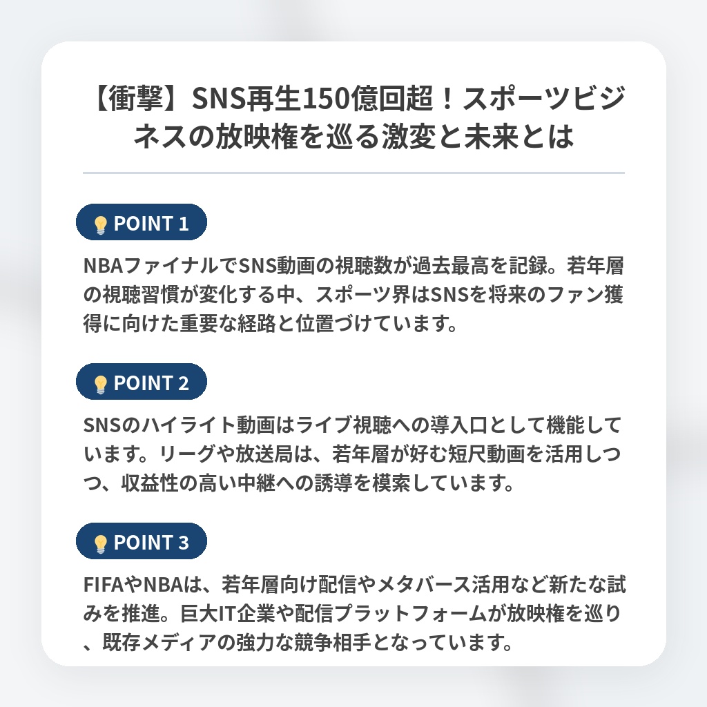 【衝撃】SNS再生150億回超！スポーツビジネスの放映権を巡る激変と未来とはの注目ポイントまとめ