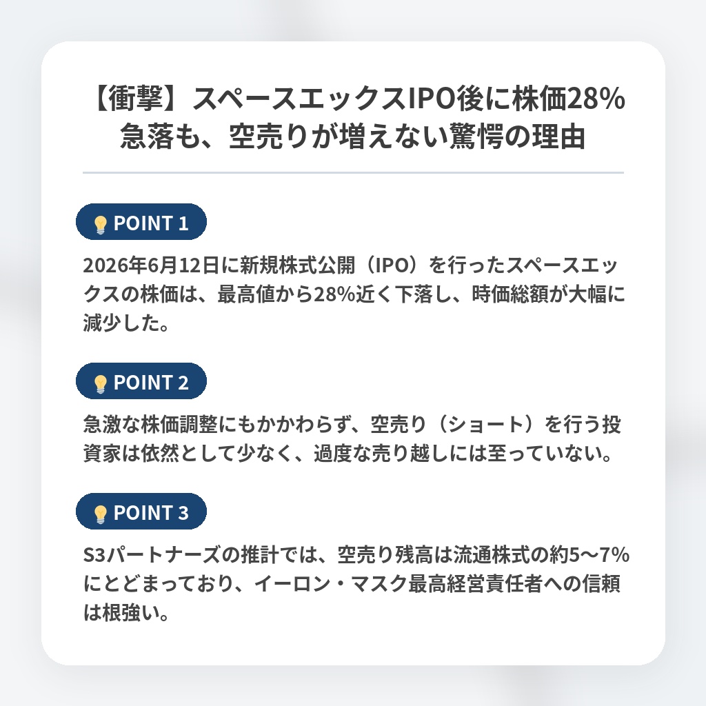 【衝撃】スペースエックスIPO後に株価28%急落も、空売りが増えない驚愕の理由の注目ポイントまとめ