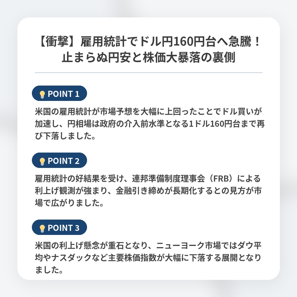【衝撃】雇用統計でドル円160円台へ急騰！止まらぬ円安と株価大暴落の裏側の注目ポイントまとめ
