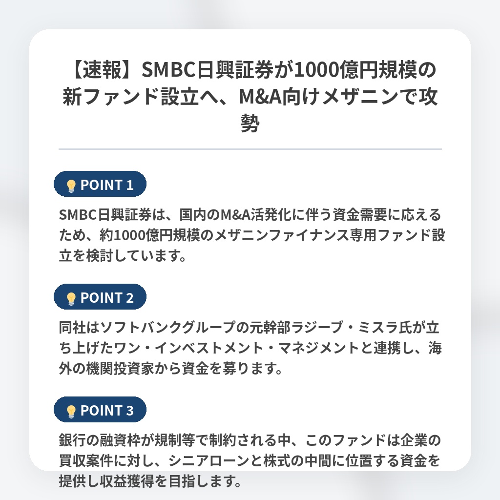 【速報】SMBC日興証券が1000億円規模の新ファンド設立へ、M&A向けメザニンで攻勢の注目ポイントまとめ