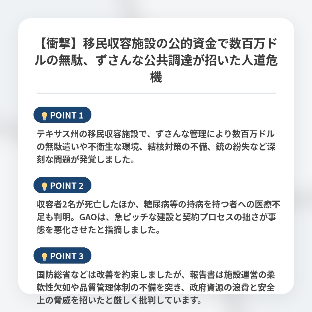 【衝撃】移民収容施設の公的資金で数百万ドルの無駄、ずさんな公共調達が招いた人道危機の注目ポイントまとめ