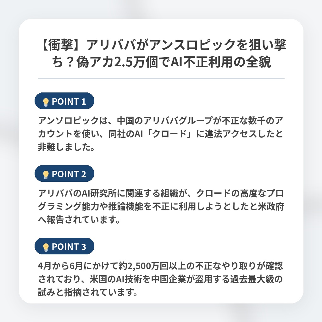 【衝撃】アリババがアンスロピックを狙い撃ち？偽アカ2.5万個でAI不正利用の全貌の注目ポイントまとめ