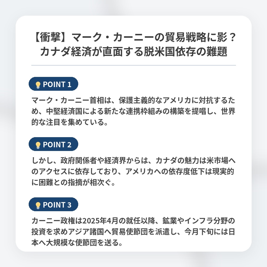 【衝撃】マーク・カーニーの貿易戦略に影?カナダ経済が直面する脱米国依存の難題の注目ポイントまとめ
