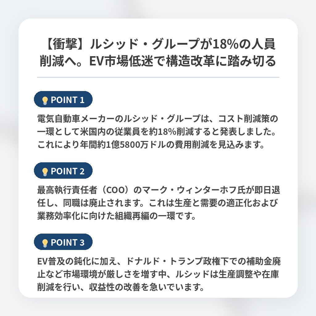 【衝撃】ルシッド・グループが18%の人員削減へ。EV市場低迷で構造改革に踏み切るの注目ポイントまとめ
