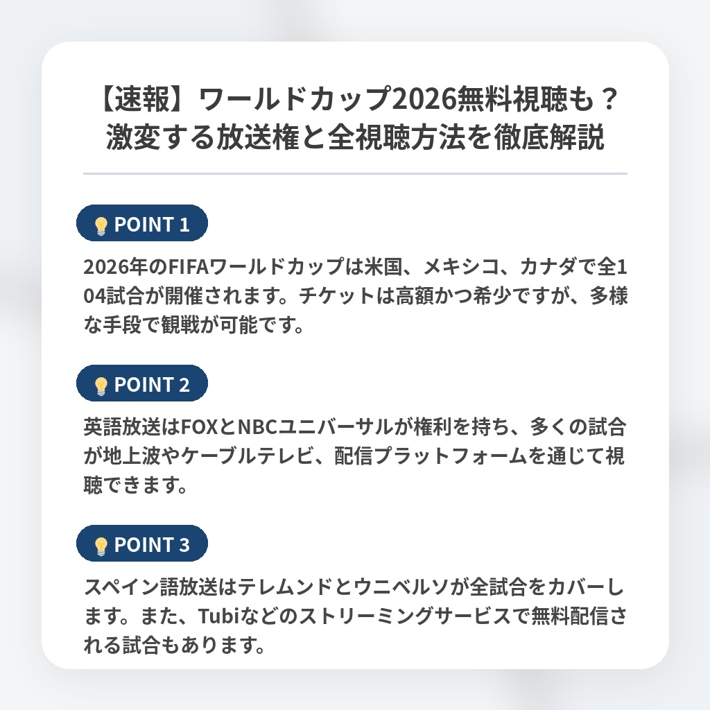 【速報】ワールドカップ2026無料視聴も？激変する放送権と全視聴方法を徹底解説の注目ポイントまとめ