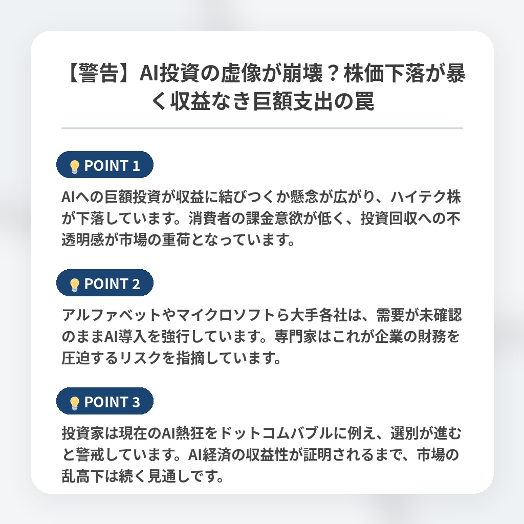 【警告】AI投資の虚像が崩壊？株価下落が暴く収益なき巨額支出の罠の注目ポイントまとめ