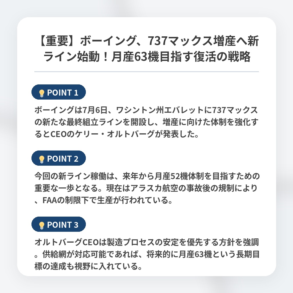 【重要】ボーイング、737マックス増産へ新ライン始動！月産63機目指す復活の戦略の注目ポイントまとめ
