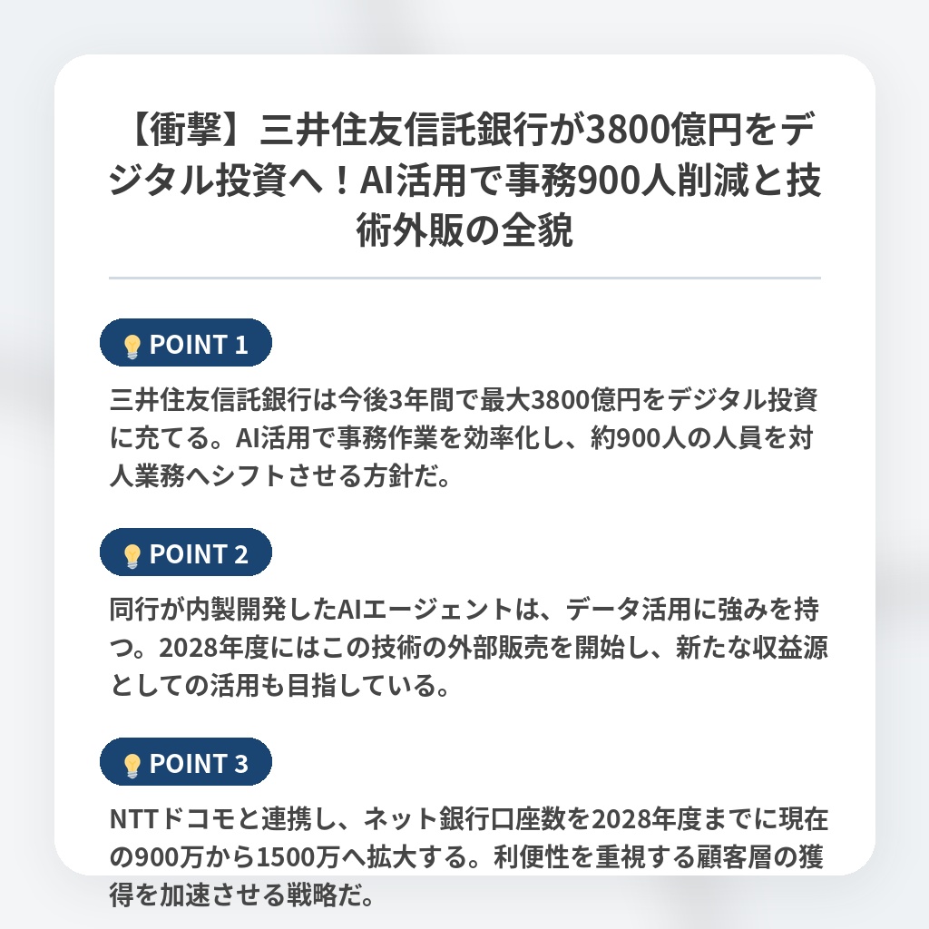 【衝撃】三井住友信託銀行が3800億円をデジタル投資へ！AI活用で事務900人削減と技術外販の全貌の注目ポイントまとめ