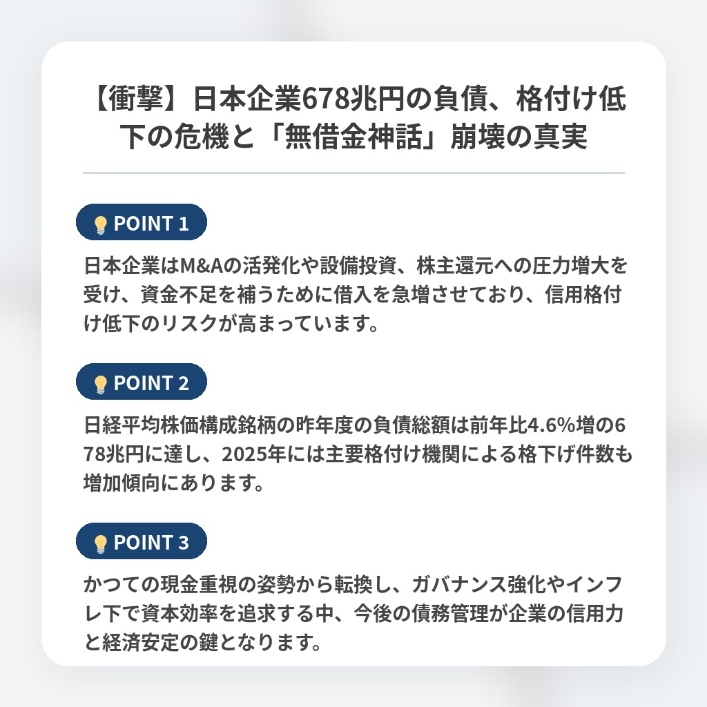 【衝撃】日本企業678兆円の負債、格付け低下の危機と「無借金神話」崩壊の真実の注目ポイントまとめ