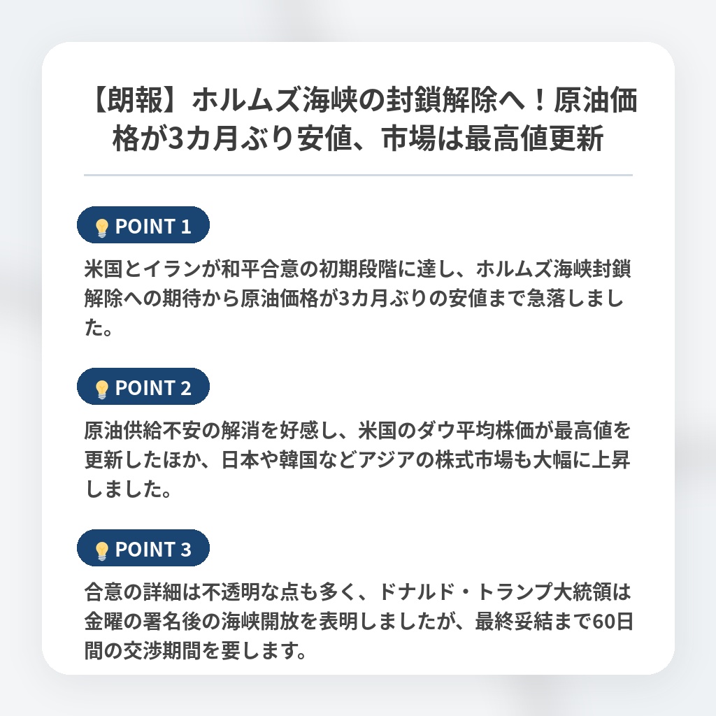 【朗報】ホルムズ海峡の封鎖解除へ!原油価格が3カ月ぶり安値、市場は最高値更新の注目ポイントまとめ
